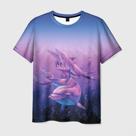 Мужская футболка 3D с принтом Стайка дельфинов в глубине океана в Екатеринбурге, 100% полиэфир | прямой крой, круглый вырез горловины, длина до линии бедер | depth | dolphin | ocean | pack | seaweed | водоросли | глубина | дельфин | океан | стая