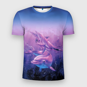 Мужская футболка 3D Slim с принтом Стайка дельфинов в глубине океана , 100% полиэстер с улучшенными характеристиками | приталенный силуэт, круглая горловина, широкие плечи, сужается к линии бедра | depth | dolphin | ocean | pack | seaweed | водоросли | глубина | дельфин | океан | стая