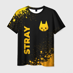 Мужская футболка 3D с принтом Stray   gold gradient: символ и надпись вертикально в Кировске, 100% полиэфир | прямой крой, круглый вырез горловины, длина до линии бедер | 