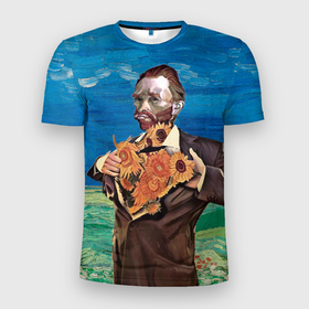 Мужская футболка 3D Slim с принтом Ван Гог портрет с Подсолнухами в Курске, 100% полиэстер с улучшенными характеристиками | приталенный силуэт, круглая горловина, широкие плечи, сужается к линии бедра | винсент ван гог | мем | подсолнухи | художник | цветы
