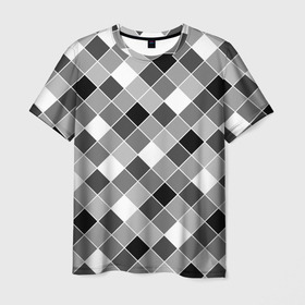 Мужская футболка 3D с принтом Черно белый клетчатый узор , 100% полиэфир | прямой крой, круглый вырез горловины, длина до линии бедер | геометрический узор | клетка | клетчатый | косая клетка | узор в клетку | черно белый