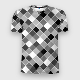 Мужская футболка 3D Slim с принтом Черно белый клетчатый узор в Новосибирске, 100% полиэстер с улучшенными характеристиками | приталенный силуэт, круглая горловина, широкие плечи, сужается к линии бедра | геометрический узор | клетка | клетчатый | косая клетка | узор в клетку | черно белый