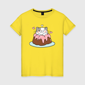 Женская футболка хлопок с принтом Кошечка в кексе в Тюмени, 100% хлопок | прямой крой, круглый вырез горловины, длина до линии бедер, слегка спущенное плечо | кекс | кот | котенок | кошечка | кошка | торт