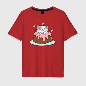 Мужская футболка хлопок Oversize с принтом Кошечка в кексе в Екатеринбурге, 100% хлопок | свободный крой, круглый ворот, “спинка” длиннее передней части | Тематика изображения на принте: кекс | кот | котенок | кошечка | кошка | торт