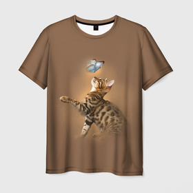 Мужская футболка 3D с принтом Бенгал котенок в Петрозаводске, 100% полиэфир | прямой крой, круглый вырез горловины, длина до линии бедер | bengal cat | бабочка | бенгал | бенгальская кошка | бенгальский кот | бенгальский котенок | порода бенгал | снежный бенгал