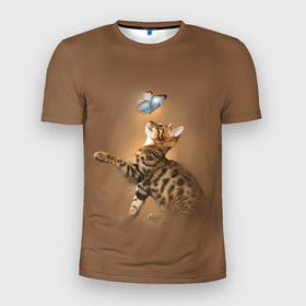Мужская футболка 3D Slim с принтом Бенгал котенок в Санкт-Петербурге, 100% полиэстер с улучшенными характеристиками | приталенный силуэт, круглая горловина, широкие плечи, сужается к линии бедра | bengal cat | бабочка | бенгал | бенгальская кошка | бенгальский кот | бенгальский котенок | порода бенгал | снежный бенгал