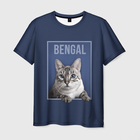 Мужская футболка 3D с принтом Снежный бенгал в Белгороде, 100% полиэфир | прямой крой, круглый вырез горловины, длина до линии бедер | bengal cat | бенгал | бенгальская кошка | бенгальский кот | бенгальский котенок | порода бенгал | снежный бенгал