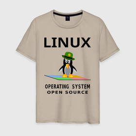 Мужская футболка хлопок с принтом Пингвин линукс в Белгороде, 100% хлопок | прямой крой, круглый вырез горловины, длина до линии бедер, слегка спущенное плечо. | Тематика изображения на принте: linux | penguin | text linux | линукс | пингвин | текст | текст линукс