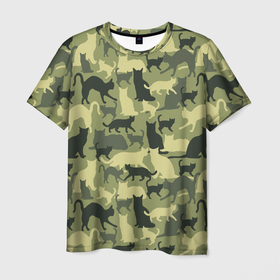 Мужская футболка 3D с принтом Кошачий камуфляж в зеленой гамме в Екатеринбурге, 100% полиэфир | прямой крой, круглый вырез горловины, длина до линии бедер | Тематика изображения на принте: camouflage | камуфляж | коты | маскировка | паттерн