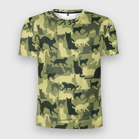 Мужская футболка 3D Slim с принтом Кошачий камуфляж в зеленой гамме в Белгороде, 100% полиэстер с улучшенными характеристиками | приталенный силуэт, круглая горловина, широкие плечи, сужается к линии бедра | camouflage | камуфляж | коты | маскировка | паттерн