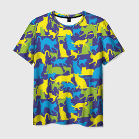 Мужская футболка 3D с принтом Синий кошачий камуфляж в Санкт-Петербурге, 100% полиэфир | прямой крой, круглый вырез горловины, длина до линии бедер | животное | камуфляж | коты | кошки | паттерн