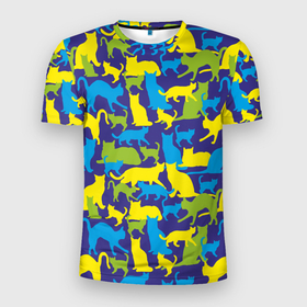 Мужская футболка 3D Slim с принтом Синий кошачий камуфляж в Новосибирске, 100% полиэстер с улучшенными характеристиками | приталенный силуэт, круглая горловина, широкие плечи, сужается к линии бедра | Тематика изображения на принте: животное | камуфляж | коты | кошки | паттерн