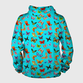 Мужская ветровка 3D с принтом Colorful butterflies в Тюмени, 100% полиэстер | подол и капюшон оформлены резинкой с фиксаторами, два кармана без застежек по бокам, один потайной карман на груди | beautiful | blue | butterfly | green | insect | nature | pattern | pink | purple | rainbow | summer | wings | yellow | бабочки | желтый | зеленый | красивый | красочные | крылья | летний | насекомое | природа | радуга | розовый | синий | узор