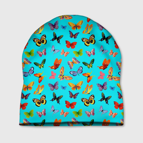 Шапка 3D с принтом Colorful butterflies в Новосибирске, 100% полиэстер | универсальный размер, печать по всей поверхности изделия | Тематика изображения на принте: beautiful | blue | butterfly | green | insect | nature | pattern | pink | purple | rainbow | summer | wings | yellow | бабочки | желтый | зеленый | красивый | красочные | крылья | летний | насекомое | природа | радуга | розовый | синий | узор