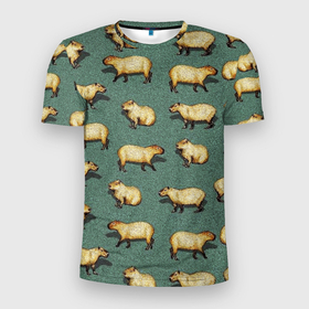 Мужская футболка 3D Slim с принтом Капибары на траве в Тюмени, 100% полиэстер с улучшенными характеристиками | приталенный силуэт, круглая горловина, широкие плечи, сужается к линии бедра | capybara | водосвинка | животные | капибара