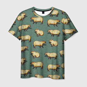 Мужская футболка 3D с принтом Капибары на траве , 100% полиэфир | прямой крой, круглый вырез горловины, длина до линии бедер | capybara | водосвинка | животные | капибара