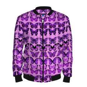 Мужской бомбер 3D с принтом Purple butterflies в Тюмени, 100% полиэстер | застегивается на молнию, по бокам два кармана без застежек, по низу бомбера и на воротнике - эластичная резинка | Тематика изображения на принте: background | beautiful | colorful | insect | pattern | wings | бабочки | красивый | красочные | крылья | насекомое | узор | фиолетовый | фон