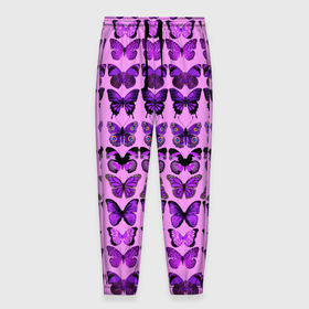 Мужские брюки 3D с принтом Purple butterflies в Екатеринбурге, 100% полиэстер | манжеты по низу, эластичный пояс регулируется шнурком, по бокам два кармана без застежек, внутренняя часть кармана из мелкой сетки | background | beautiful | colorful | insect | pattern | wings | бабочки | красивый | красочные | крылья | насекомое | узор | фиолетовый | фон