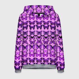 Мужская толстовка 3D с принтом Purple butterflies в Санкт-Петербурге, 100% полиэстер | двухслойный капюшон со шнурком для регулировки, мягкие манжеты на рукавах и по низу толстовки, спереди карман-кенгуру с мягким внутренним слоем. | Тематика изображения на принте: background | beautiful | colorful | insect | pattern | wings | бабочки | красивый | красочные | крылья | насекомое | узор | фиолетовый | фон