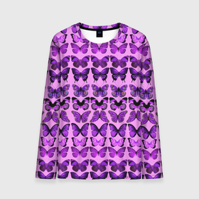 Мужской лонгслив 3D с принтом Purple butterflies в Петрозаводске, 100% полиэстер | длинные рукава, круглый вырез горловины, полуприлегающий силуэт | background | beautiful | colorful | insect | pattern | wings | бабочки | красивый | красочные | крылья | насекомое | узор | фиолетовый | фон