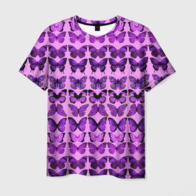 Мужская футболка 3D с принтом Purple butterflies в Белгороде, 100% полиэфир | прямой крой, круглый вырез горловины, длина до линии бедер | background | beautiful | colorful | insect | pattern | wings | бабочки | красивый | красочные | крылья | насекомое | узор | фиолетовый | фон
