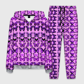 Мужской костюм 3D с принтом Purple butterflies , 100% полиэстер | Манжеты и пояс оформлены тканевой резинкой, двухслойный капюшон со шнурком для регулировки, карманы спереди | background | beautiful | colorful | insect | pattern | wings | бабочки | красивый | красочные | крылья | насекомое | узор | фиолетовый | фон
