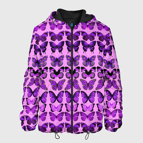 Мужская куртка 3D с принтом Purple butterflies в Белгороде, ткань верха — 100% полиэстер, подклад — флис | прямой крой, подол и капюшон оформлены резинкой с фиксаторами, два кармана без застежек по бокам, один большой потайной карман на груди. Карман на груди застегивается на липучку | background | beautiful | colorful | insect | pattern | wings | бабочки | красивый | красочные | крылья | насекомое | узор | фиолетовый | фон