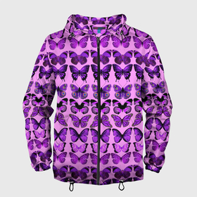 Мужская ветровка 3D с принтом Purple butterflies , 100% полиэстер | подол и капюшон оформлены резинкой с фиксаторами, два кармана без застежек по бокам, один потайной карман на груди | background | beautiful | colorful | insect | pattern | wings | бабочки | красивый | красочные | крылья | насекомое | узор | фиолетовый | фон