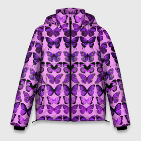 Мужская зимняя куртка 3D с принтом Purple butterflies в Белгороде, верх — 100% полиэстер; подкладка — 100% полиэстер; утеплитель — 100% полиэстер | длина ниже бедра, свободный силуэт Оверсайз. Есть воротник-стойка, отстегивающийся капюшон и ветрозащитная планка. 

Боковые карманы с листочкой на кнопках и внутренний карман на молнии. | background | beautiful | colorful | insect | pattern | wings | бабочки | красивый | красочные | крылья | насекомое | узор | фиолетовый | фон
