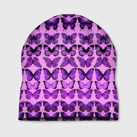 Шапка 3D с принтом Purple butterflies в Тюмени, 100% полиэстер | универсальный размер, печать по всей поверхности изделия | background | beautiful | colorful | insect | pattern | wings | бабочки | красивый | красочные | крылья | насекомое | узор | фиолетовый | фон