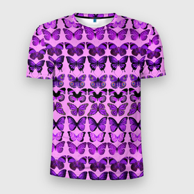 Мужская футболка 3D Slim с принтом Purple butterflies , 100% полиэстер с улучшенными характеристиками | приталенный силуэт, круглая горловина, широкие плечи, сужается к линии бедра | Тематика изображения на принте: background | beautiful | colorful | insect | pattern | wings | бабочки | красивый | красочные | крылья | насекомое | узор | фиолетовый | фон