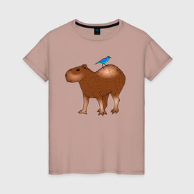 Женская футболка хлопок с принтом Капибара стоит и птичка сверху сидит в Рязани, 100% хлопок | прямой крой, круглый вырез горловины, длина до линии бедер, слегка спущенное плечо | abstraction | animal | art | artwork | capybara | meme | memes | patterns | surrealism | sweethuman | sweethumen | абстракция | арт | графика | животное | искусство | капибара | мем | мемы | сюрреализм