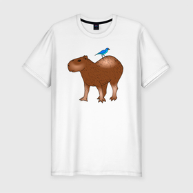 Мужская футболка хлопок Slim с принтом Капибара стоит и птичка сверху сидит в Белгороде, 92% хлопок, 8% лайкра | приталенный силуэт, круглый вырез ворота, длина до линии бедра, короткий рукав | abstraction | animal | art | artwork | capybara | meme | memes | patterns | surrealism | sweethuman | sweethumen | абстракция | арт | графика | животное | искусство | капибара | мем | мемы | сюрреализм