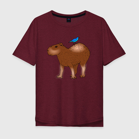 Мужская футболка хлопок Oversize с принтом Капибара стоит и птичка сверху сидит в Кировске, 100% хлопок | свободный крой, круглый ворот, “спинка” длиннее передней части | Тематика изображения на принте: abstraction | animal | art | artwork | capybara | meme | memes | patterns | surrealism | sweethuman | sweethumen | абстракция | арт | графика | животное | искусство | капибара | мем | мемы | сюрреализм