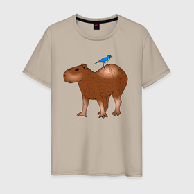 Мужская футболка хлопок с принтом Капибара стоит и птичка сверху сидит в Екатеринбурге, 100% хлопок | прямой крой, круглый вырез горловины, длина до линии бедер, слегка спущенное плечо. | abstraction | animal | art | artwork | capybara | meme | memes | patterns | surrealism | sweethuman | sweethumen | абстракция | арт | графика | животное | искусство | капибара | мем | мемы | сюрреализм