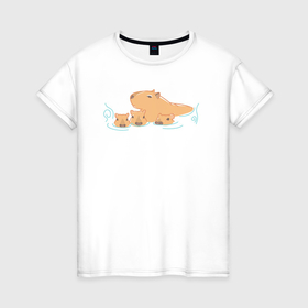 Женская футболка хлопок с принтом Семья капибар плавает в Новосибирске, 100% хлопок | прямой крой, круглый вырез горловины, длина до линии бедер, слегка спущенное плечо | Тематика изображения на принте: abstraction | animal | art | artwork | capybara | meme | memes | patterns | surrealism | sweethuman | sweethumen | абстракция | арт | графика | животное | искусство | капибара | мем | мемы | сюрреализм