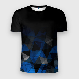 Мужская футболка 3D Slim с принтом Черно синий  геометрический в Тюмени, 100% полиэстер с улучшенными характеристиками | приталенный силуэт, круглая горловина, широкие плечи, сужается к линии бедра | Тематика изображения на принте: abstract | black | black and blue | blue | geometric | gradient | gray | ombre | polygonal | triangles | абстрактный | геометрический | градиент | омбре | полигональный | серый | синий | треугольники | черно синий | черный | черный и синий
