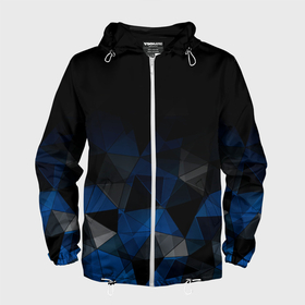 Мужская ветровка 3D с принтом Черно синий  геометрический в Новосибирске, 100% полиэстер | подол и капюшон оформлены резинкой с фиксаторами, два кармана без застежек по бокам, один потайной карман на груди | Тематика изображения на принте: abstract | black | black and blue | blue | geometric | gradient | gray | ombre | polygonal | triangles | абстрактный | геометрический | градиент | омбре | полигональный | серый | синий | треугольники | черно синий | черный | черный и синий