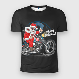 Мужская футболка 3D Slim с принтом Santa on a bike в Тюмени, 100% полиэстер с улучшенными характеристиками | приталенный силуэт, круглая горловина, широкие плечи, сужается к линии бедра | дед мороз | новый год | рождество | санта клаус | санта на байке