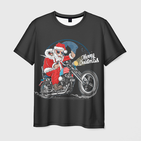 Мужская футболка 3D с принтом Santa on a bike в Екатеринбурге, 100% полиэфир | прямой крой, круглый вырез горловины, длина до линии бедер | дед мороз | новый год | рождество | санта клаус | санта на байке