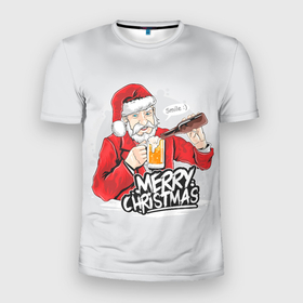 Мужская футболка 3D Slim с принтом Не грусти Санта, накати в Тюмени, 100% полиэстер с улучшенными характеристиками | приталенный силуэт, круглая горловина, широкие плечи, сужается к линии бедра | дед мороз | новый год | санта клаус