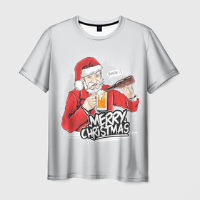Мужская футболка 3D с принтом Не грусти Санта, накати , 100% полиэфир | прямой крой, круглый вырез горловины, длина до линии бедер | Тематика изображения на принте: дед мороз | новый год | санта клаус