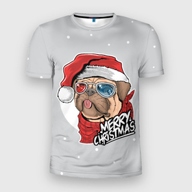 Мужская футболка 3D Slim с принтом Новогодний Мопс в очках в Тюмени, 100% полиэстер с улучшенными характеристиками | приталенный силуэт, круглая горловина, широкие плечи, сужается к линии бедра | мопс | новый год | праздники | рождество | собаки
