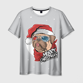Мужская футболка 3D с принтом Новогодний Мопс в очках в Екатеринбурге, 100% полиэфир | прямой крой, круглый вырез горловины, длина до линии бедер | мопс | новый год | праздники | рождество | собаки