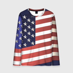 Мужской лонгслив 3D с принтом Американский флаг: блестящие звезды и полоски в Кировске, 100% полиэстер | длинные рукава, круглый вырез горловины, полуприлегающий силуэт | америка | блестящий | звезды | красный | перламутровый | полоска | синий | сша | флаг