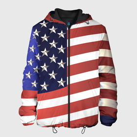 Мужская куртка 3D с принтом Американский флаг: блестящие звезды и полоски в Новосибирске, ткань верха — 100% полиэстер, подклад — флис | прямой крой, подол и капюшон оформлены резинкой с фиксаторами, два кармана без застежек по бокам, один большой потайной карман на груди. Карман на груди застегивается на липучку | америка | блестящий | звезды | красный | перламутровый | полоска | синий | сша | флаг
