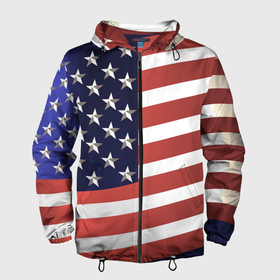 Мужская ветровка 3D с принтом Американский флаг: блестящие звезды и полоски , 100% полиэстер | подол и капюшон оформлены резинкой с фиксаторами, два кармана без застежек по бокам, один потайной карман на груди | америка | блестящий | звезды | красный | перламутровый | полоска | синий | сша | флаг
