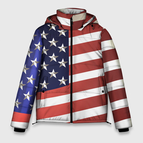 Мужская зимняя куртка 3D с принтом Американский флаг: блестящие звезды и полоски в Курске, верх — 100% полиэстер; подкладка — 100% полиэстер; утеплитель — 100% полиэстер | длина ниже бедра, свободный силуэт Оверсайз. Есть воротник-стойка, отстегивающийся капюшон и ветрозащитная планка. 

Боковые карманы с листочкой на кнопках и внутренний карман на молнии. | америка | блестящий | звезды | красный | перламутровый | полоска | синий | сша | флаг