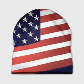 Шапка 3D с принтом Американский флаг: блестящие звезды и полоски в Новосибирске, 100% полиэстер | универсальный размер, печать по всей поверхности изделия | америка | блестящий | звезды | красный | перламутровый | полоска | синий | сша | флаг