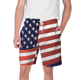 Мужские шорты 3D с принтом Американский флаг: блестящие звезды и полоски ,  полиэстер 100% | прямой крой, два кармана без застежек по бокам. Мягкая трикотажная резинка на поясе, внутри которой широкие завязки. Длина чуть выше колен | америка | блестящий | звезды | красный | перламутровый | полоска | синий | сша | флаг